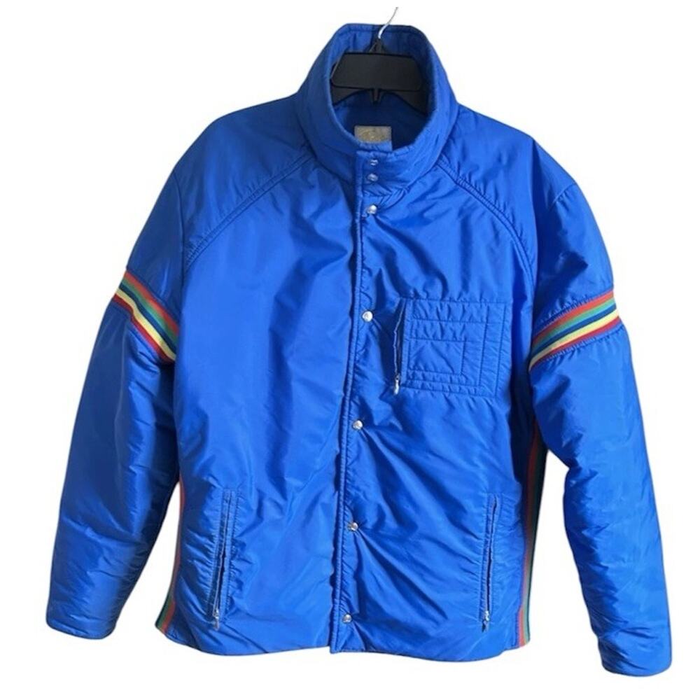 Vintage Roffe Down Ski Puffer Jacket Men’s L Blue Rainbow Stripe USA Retro